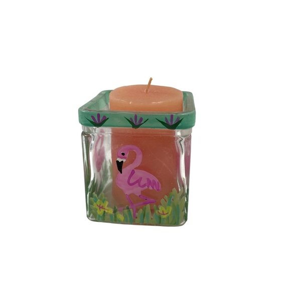 Pink Flamingo Tropical Votive Tea Candle Holder Square Glass Heavy Hand Painted - Picture 7 of 7